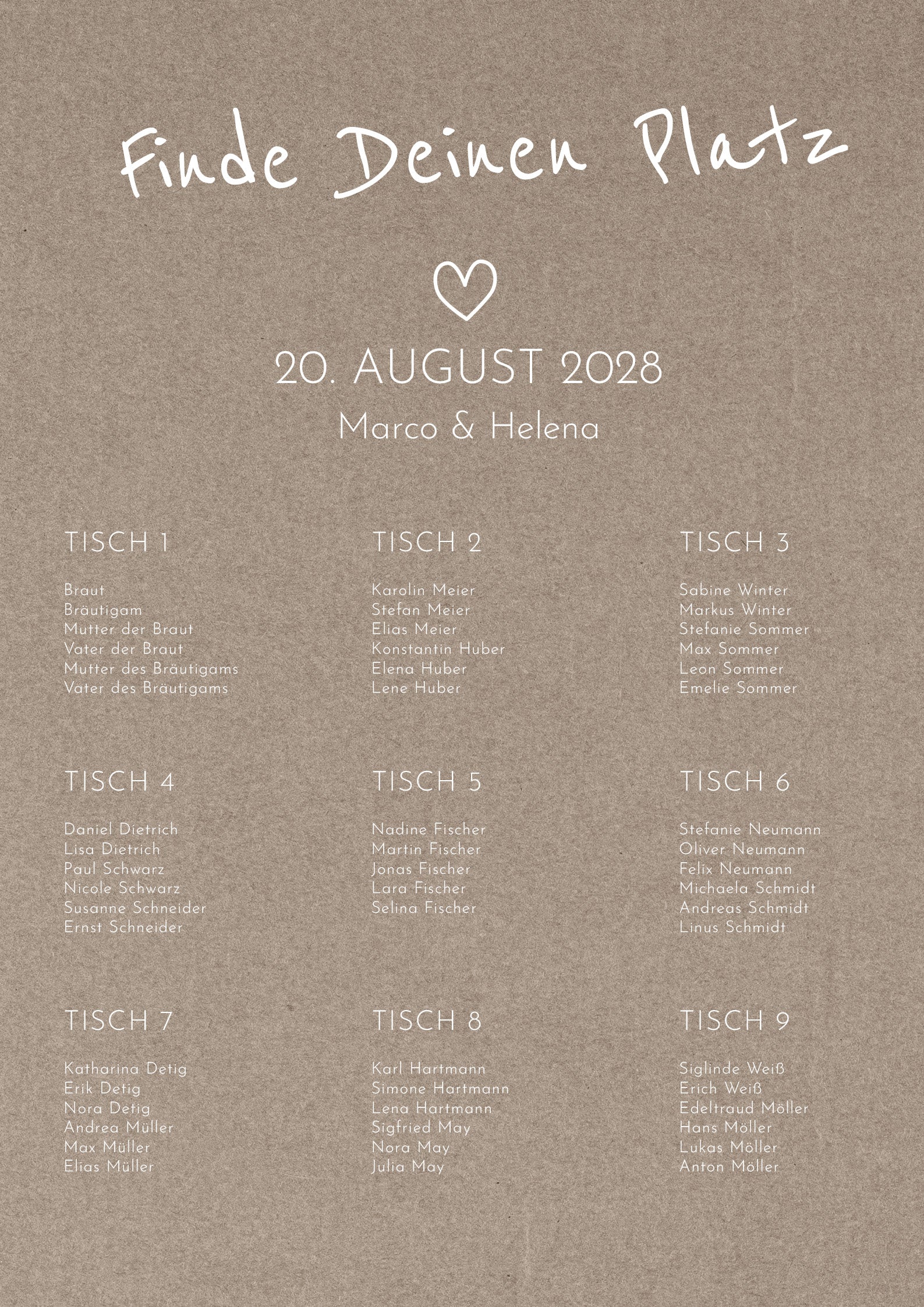 Sitzplan Hochzeit „Rustikal“ – Personalisierter Sitzplan DIN A2